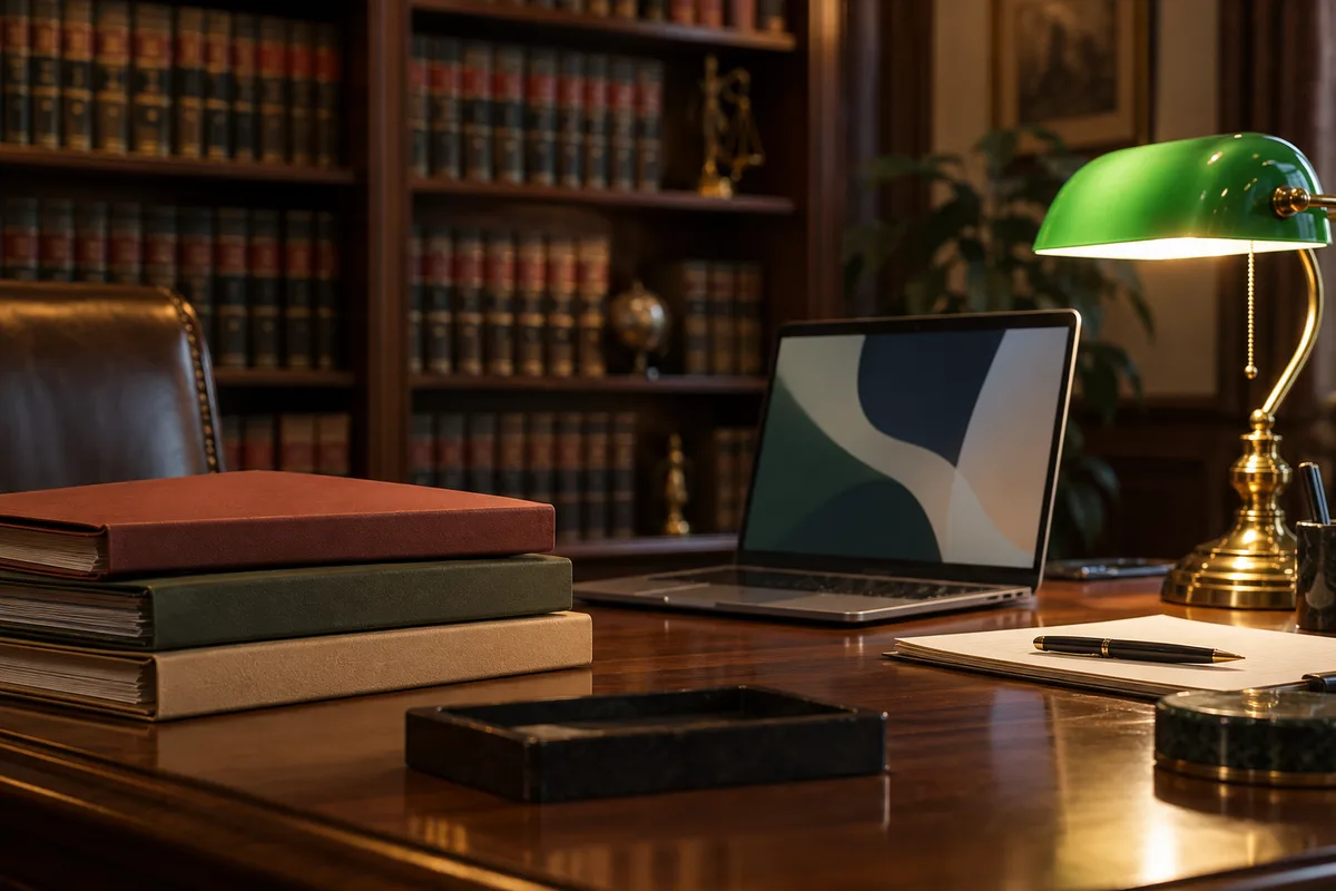 Bureau de cabinet d&rsquo;avocat avec dossiers cartonnés, ordinateur portable ouvert et lampe de banquier allumée