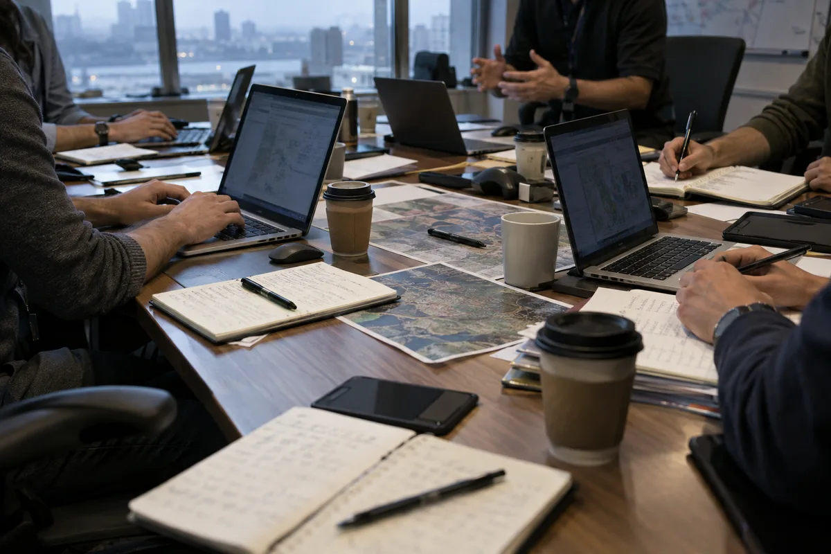 Salle de réunion de crise avec ordinateurs portables ouverts, carnets et gobelets de café sur la table