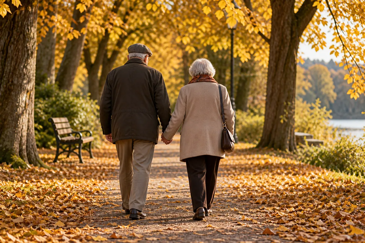 Couple de seniors vu de dos marchant main dans la main dans une allée arborée en automne