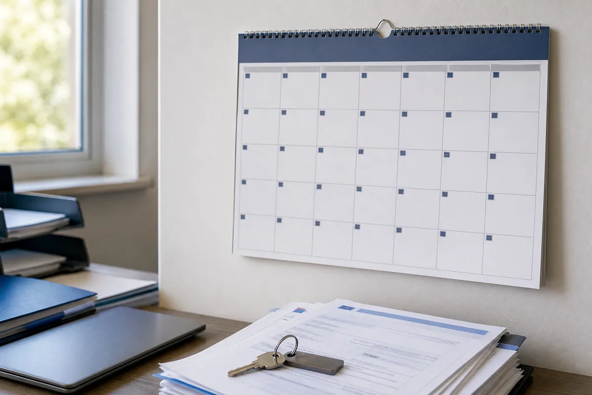 Calendrier mural, clés de logement et documents juridiques posés sur un bureau
