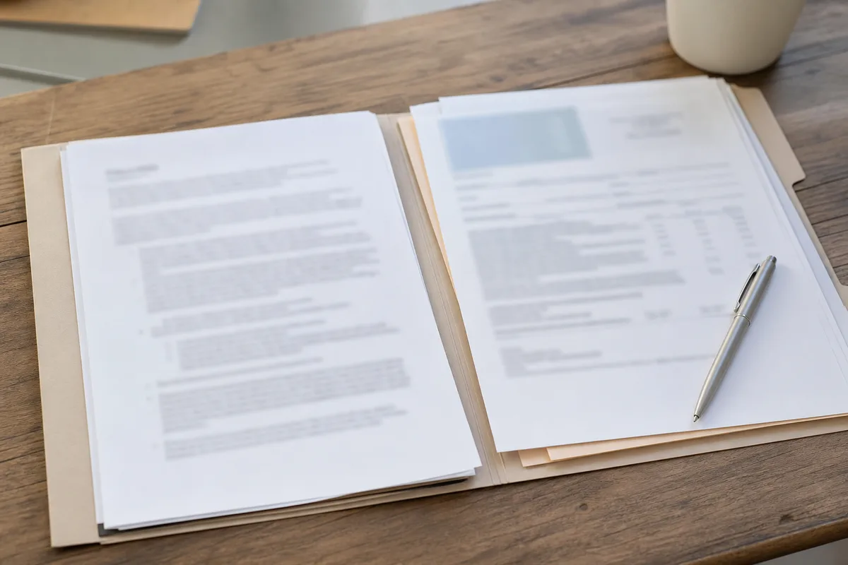 Dossier de location avec un bail, un contrat d&rsquo;assurance et un stylo posés sur une table