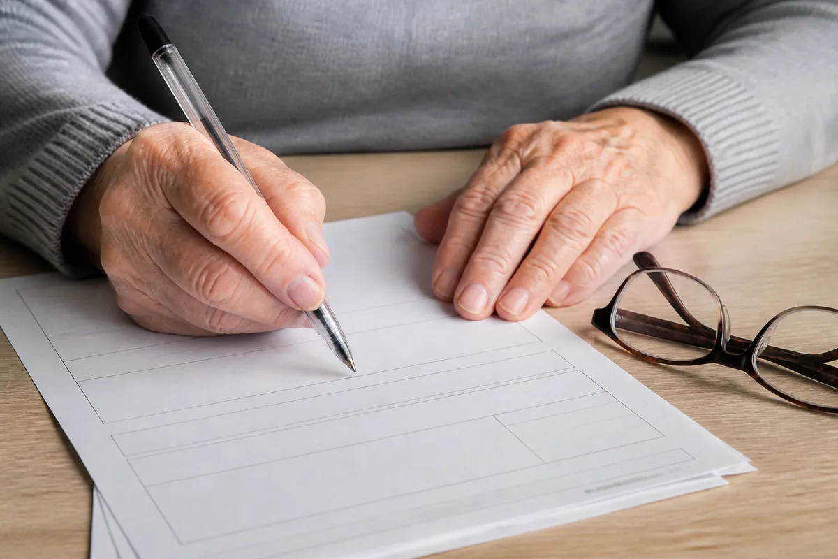 Mains agees tenant un stylo au-dessus de documents administratifs sur une table en bois clair