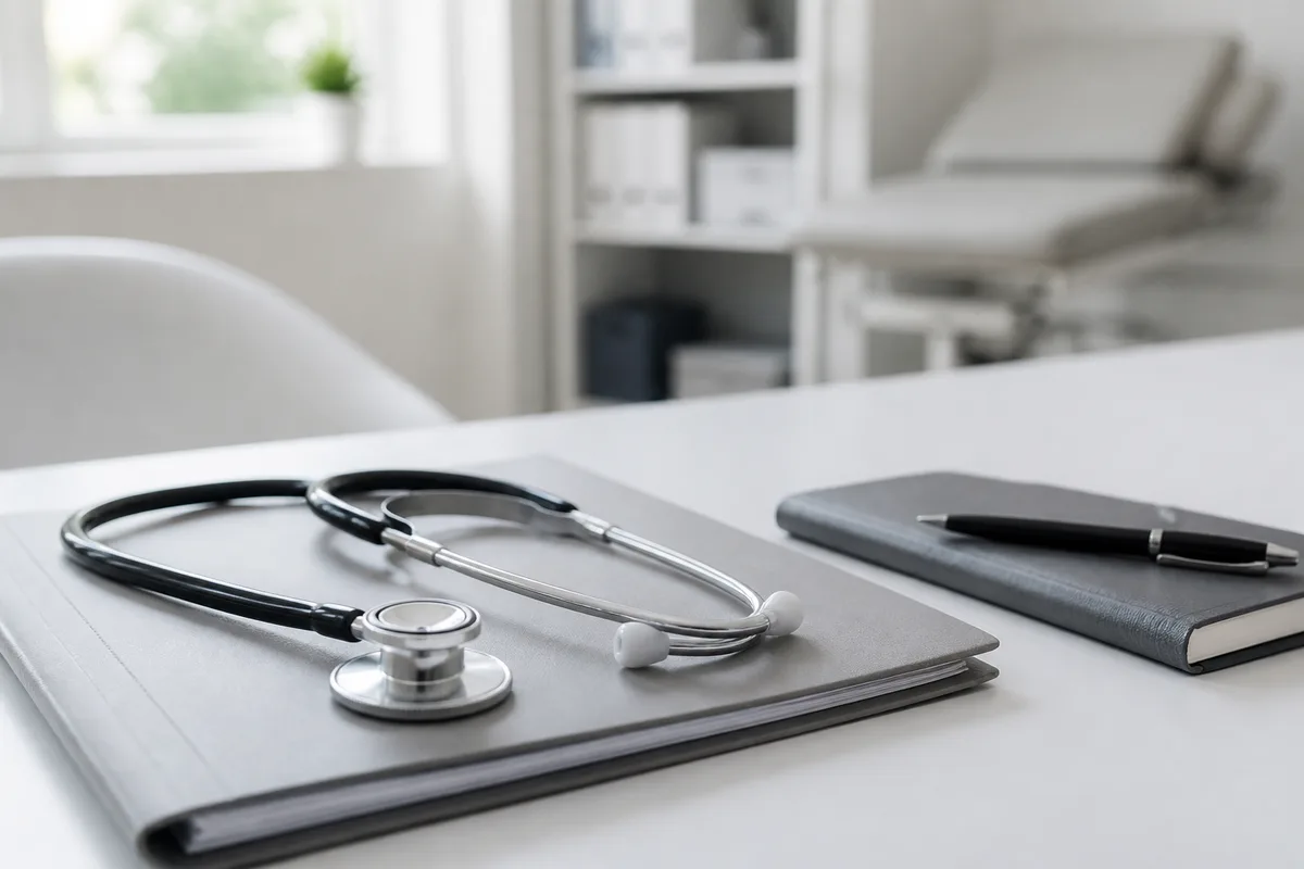Stethoscope pose sur un dossier medical ferme dans un cabinet lumineux