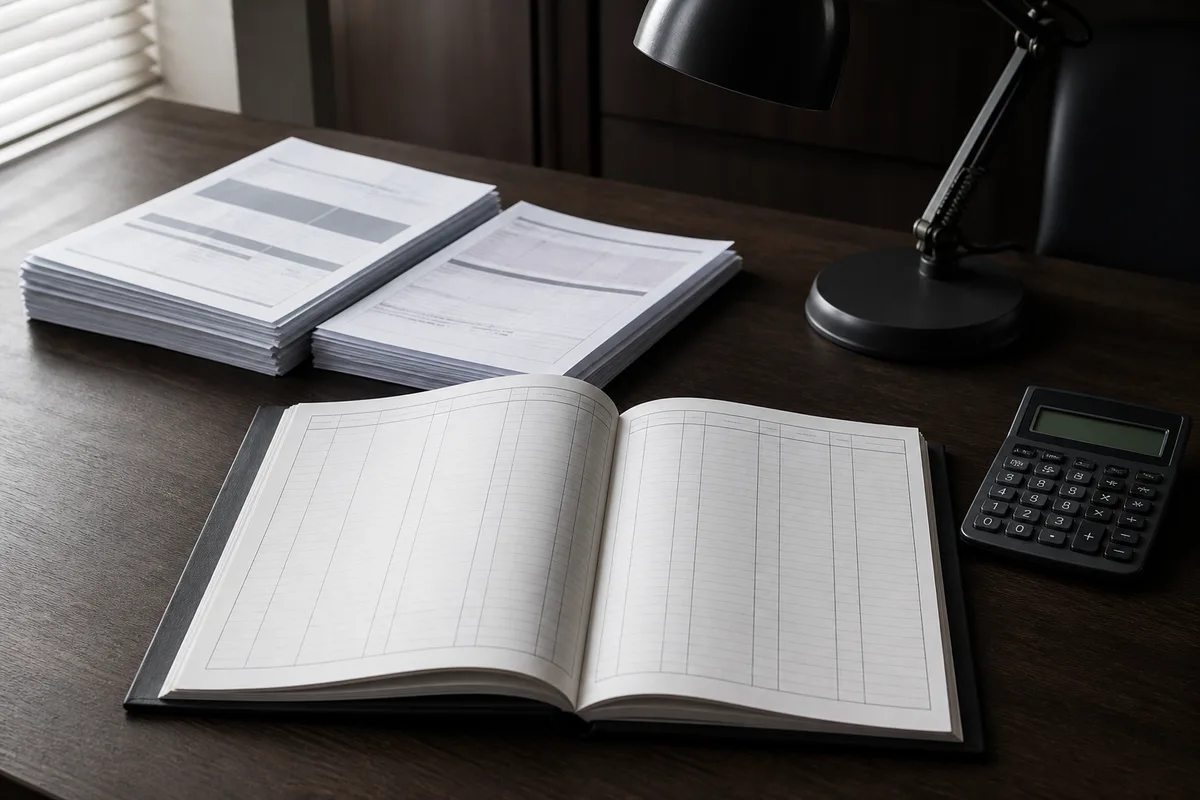 Registre comptable ouvert et calculatrice poses sur un bureau ordonne